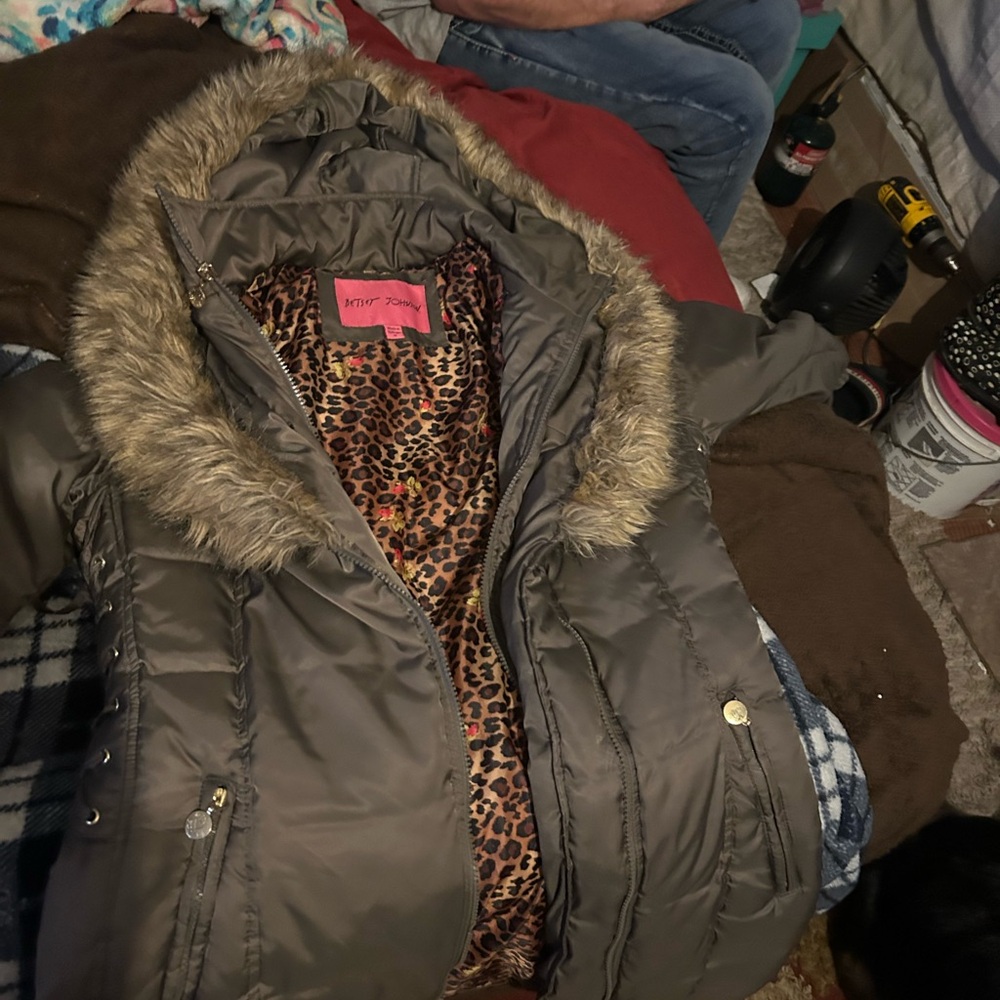 Betsey Johnson Charcoal Jacket with Faux Fur and Leopard Print